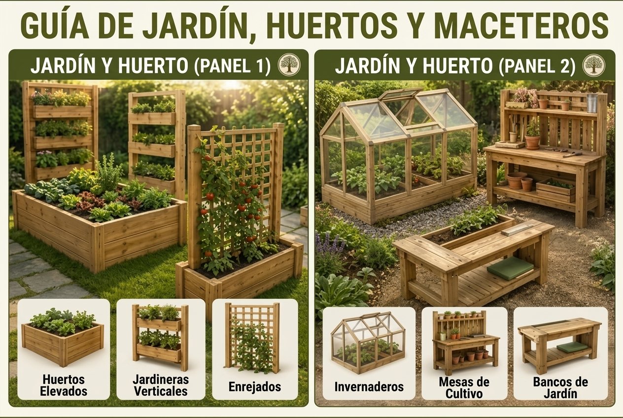 Planos de jardín y maceteros: huertos elevados, jardineras verticales, enrejados, invernaderos y mesas de cultivo