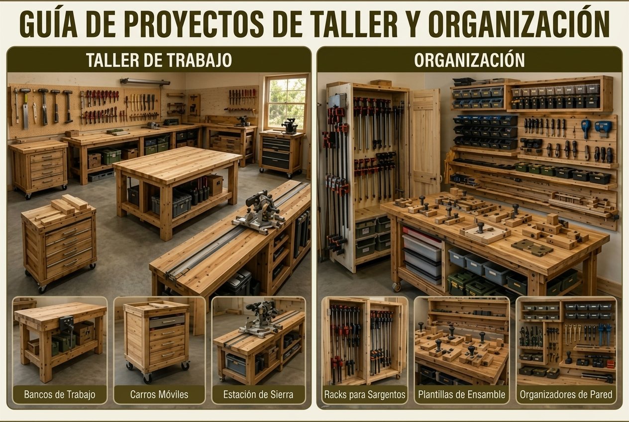 Planos de taller: bancos de trabajo resistentes, carros de herramientas, estaciones de sierra y organizadores